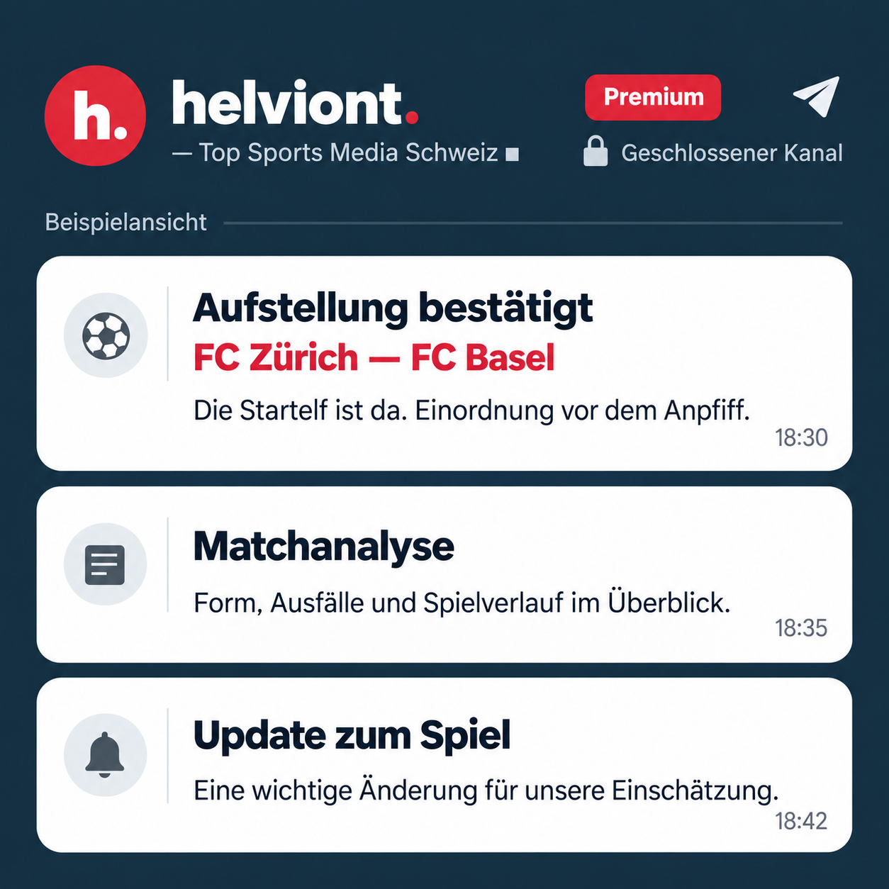 Beispielansicht eines geschlossenen Kanals von helviont. — Top Sports Media Schweiz ■ mit einer Aufstellungsnachricht, einer Matchanalyse und einem Spiel-Update.